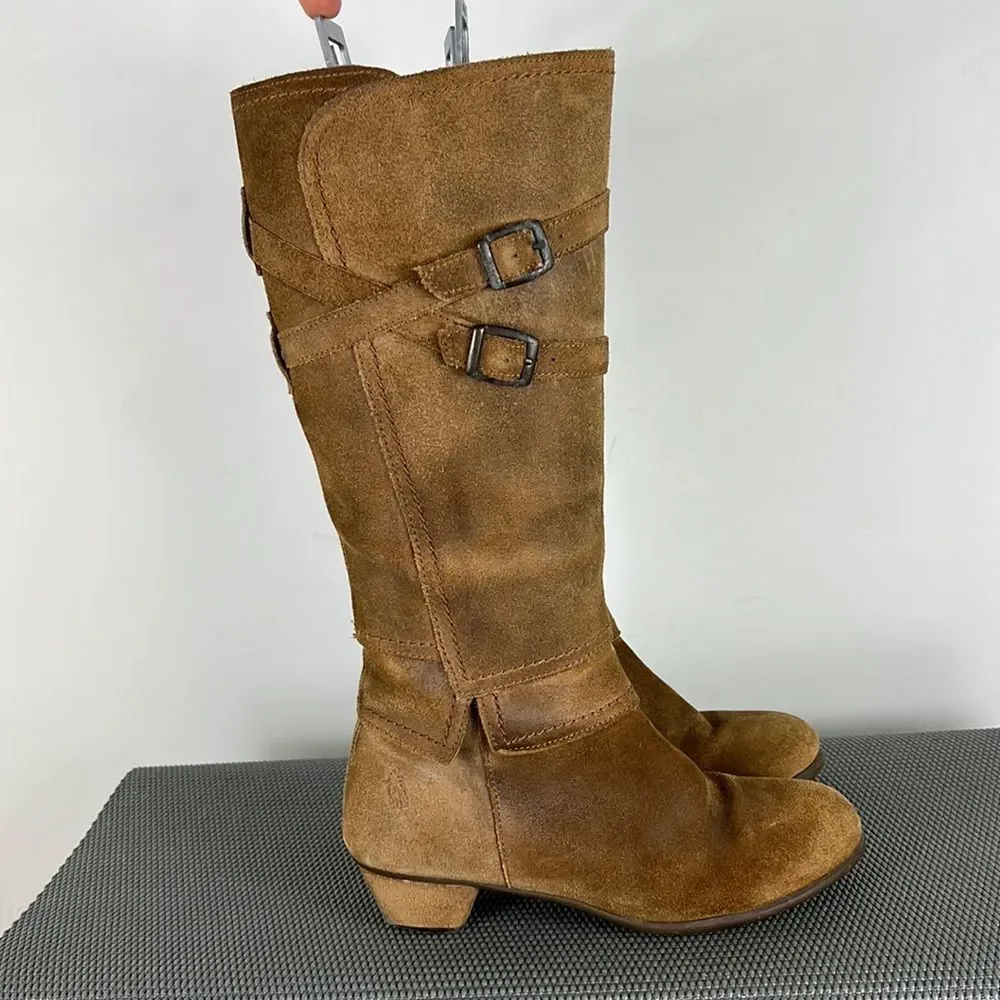 Fly London tan suede leather double buckle knee high heeled boots women’s 7.5